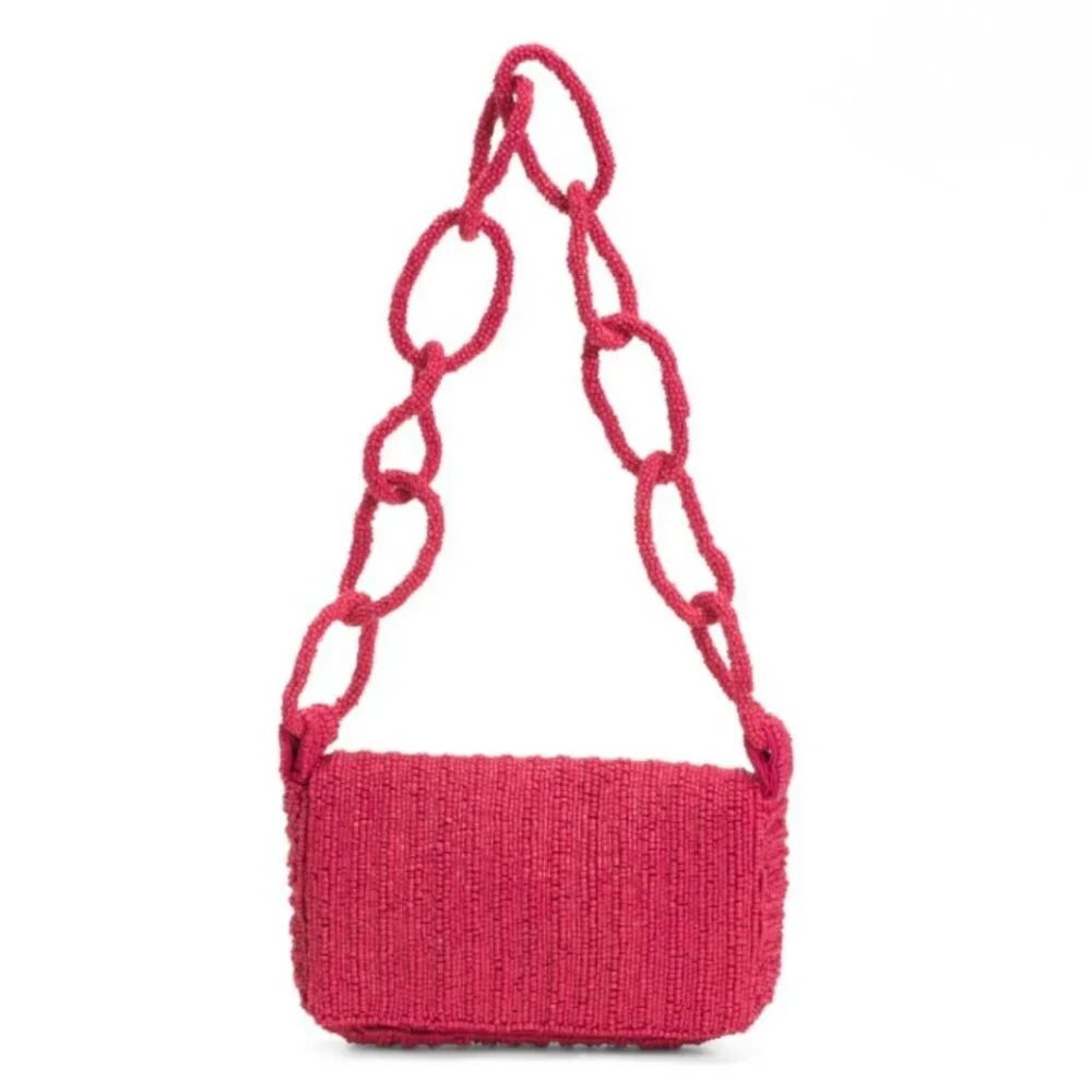MADE IN INDIA Raspberry Sparkle Beaded Chain Strap Shoulder Bag